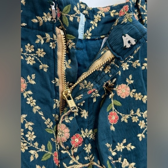 Momo New York Floral Embroidered Silk Shorts X Free People Turquoise Medium Boho - Picture 7 of 12
